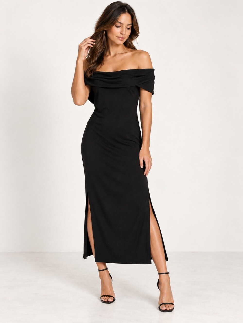 ELOQUII Black Off Shoulder Draped Ponte Double Slit Maxi Dress Size 16 NWT